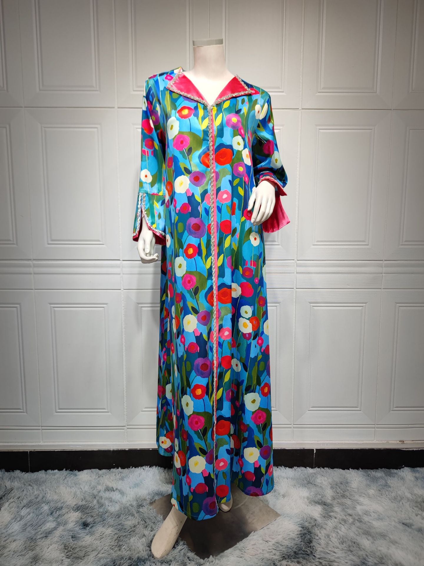Women's Print Satin-paneled Jalabiya Dress
