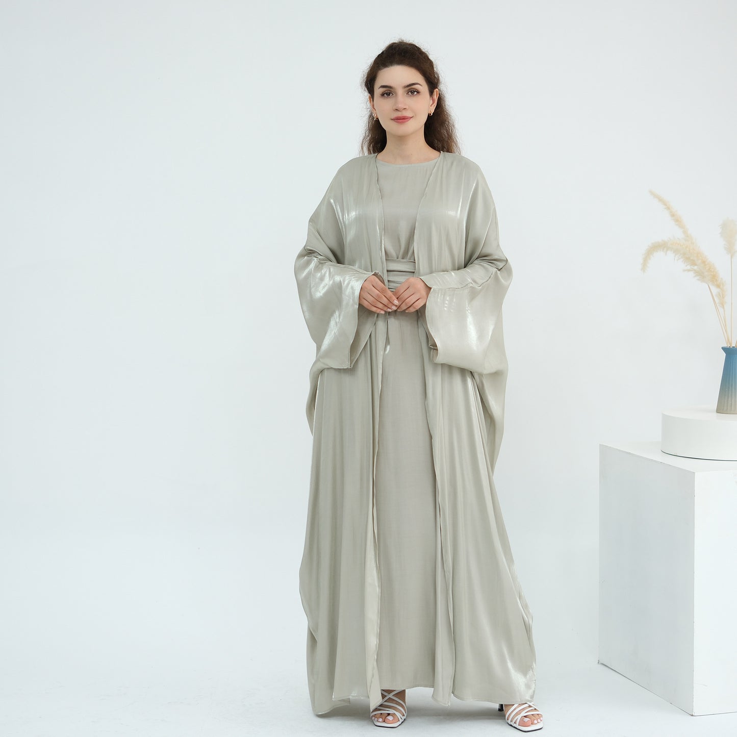 Elegant Solid Color Two Piece Abaya Set with Inner Dress