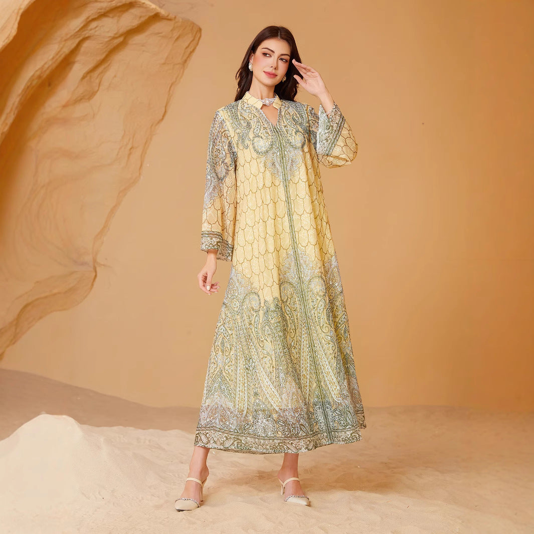 Embroidered Rhinestone Muslim Print Kaftan Dress