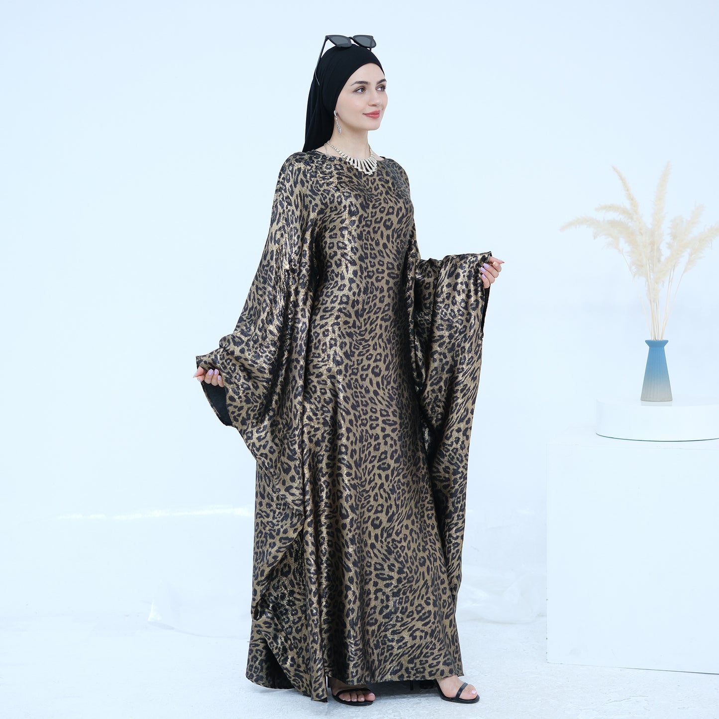 Leopard Print Arab Modest Batwing Sleeve Kaftan Dress