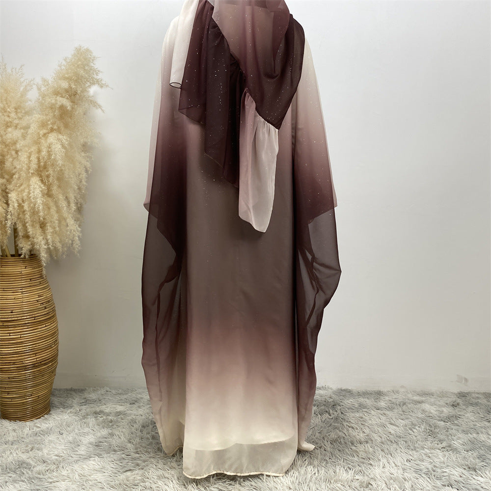 Muslim Chiffon Cardigan Gradient Bat Sleeve Set with Hijab