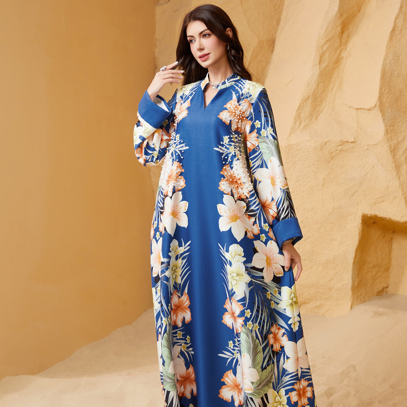 Floral Print Muslim Kaftan Maxi Dress