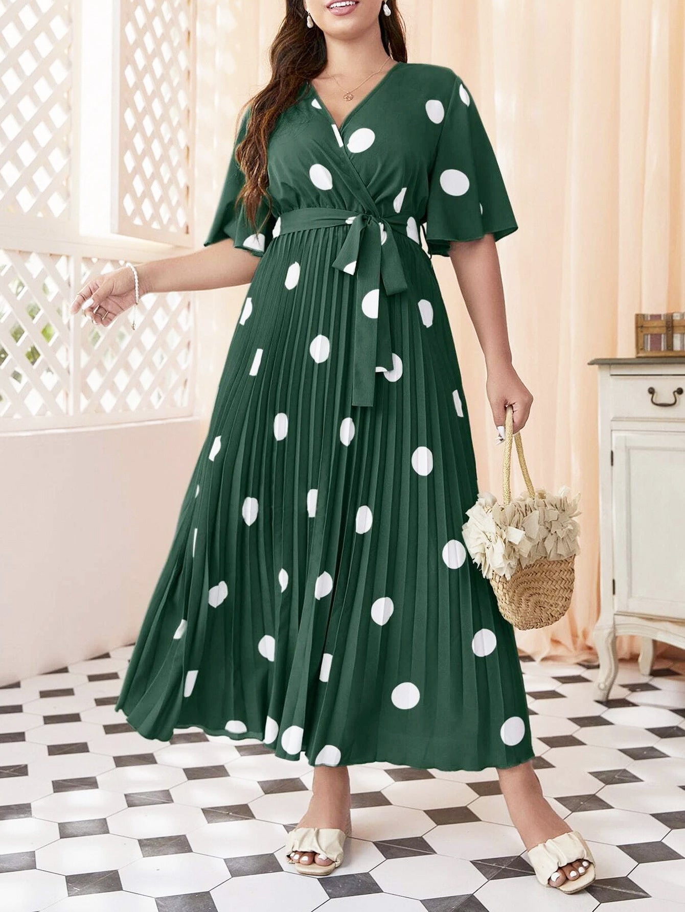 Women's Polka Dot Print Flared Sleeve Lace-up Pleated Dress