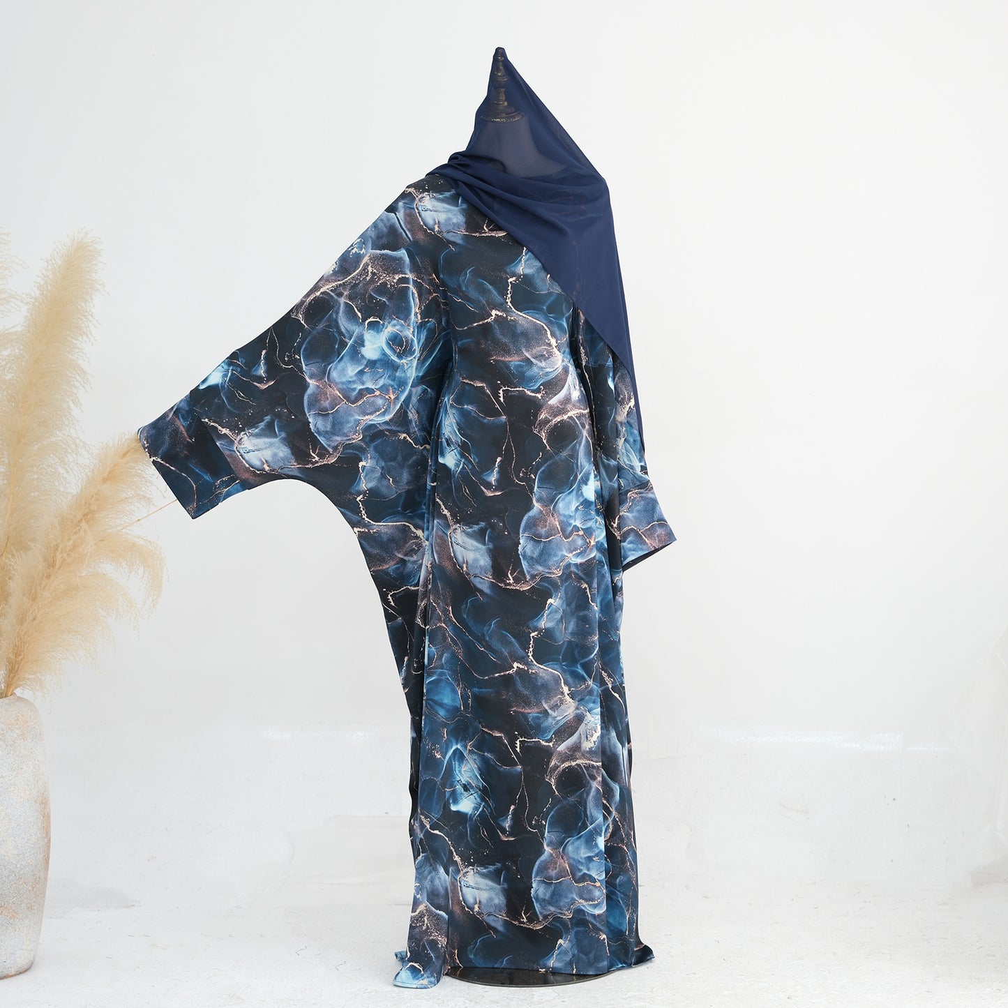 Satin Printed Maxi Dress with Waist Belt and Batwing Sleeves