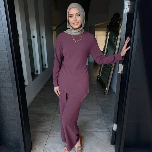 Modest Two Piece Nida Set with Waist Tie and Long Pants