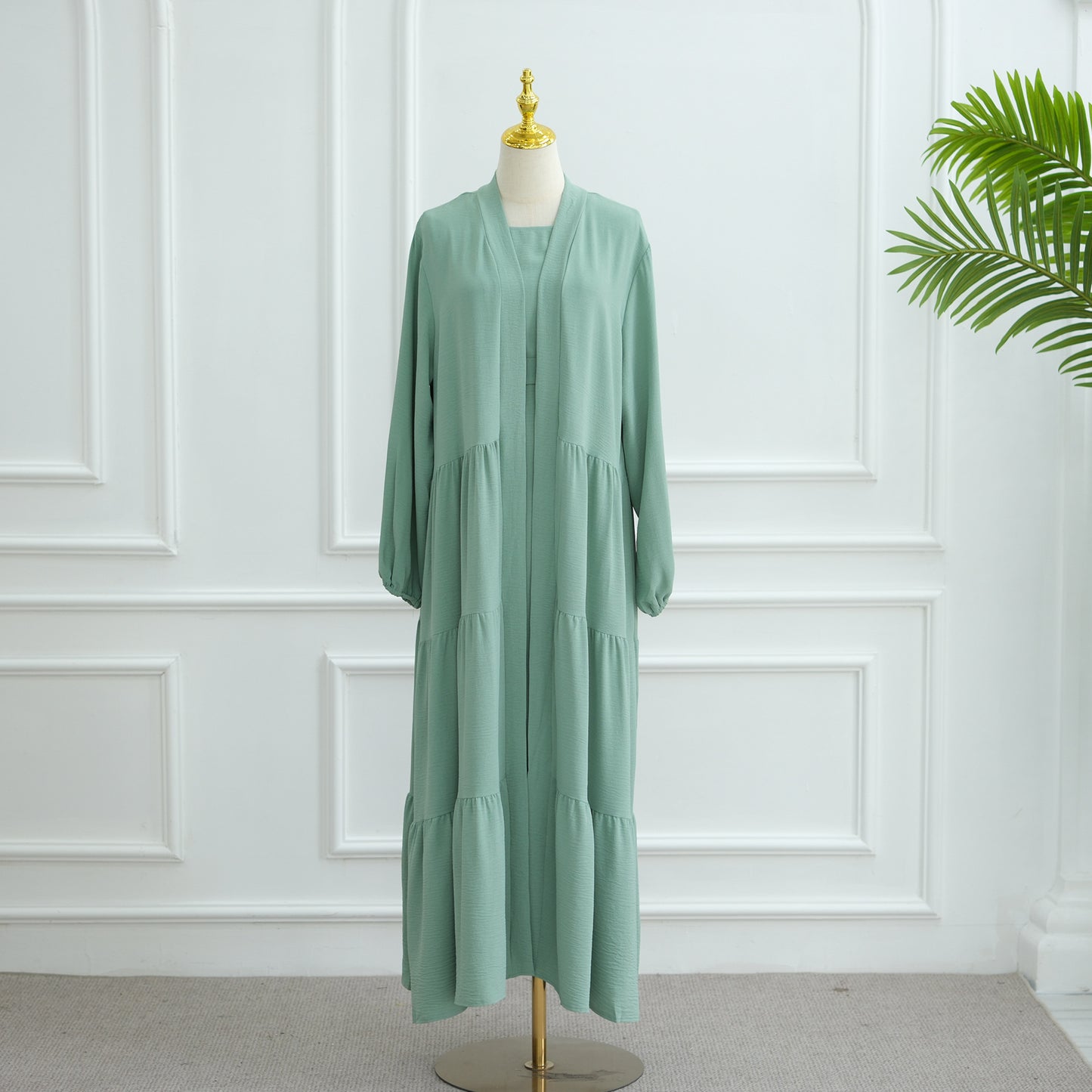 Modest Two Piece Maxi Dress with Open Abaya and Belt