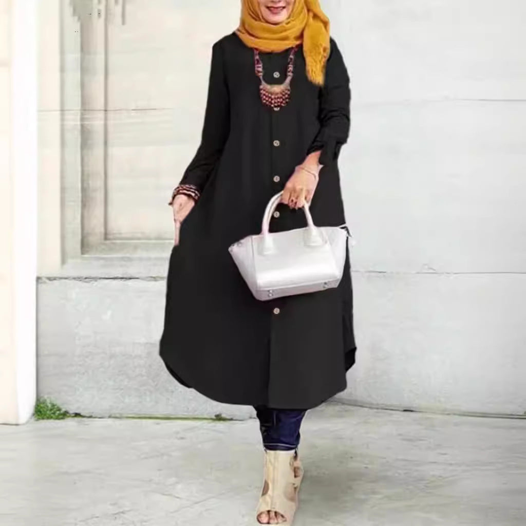 Women's Long-sleeved Solid Color Wooden Button-down Shirt Dress