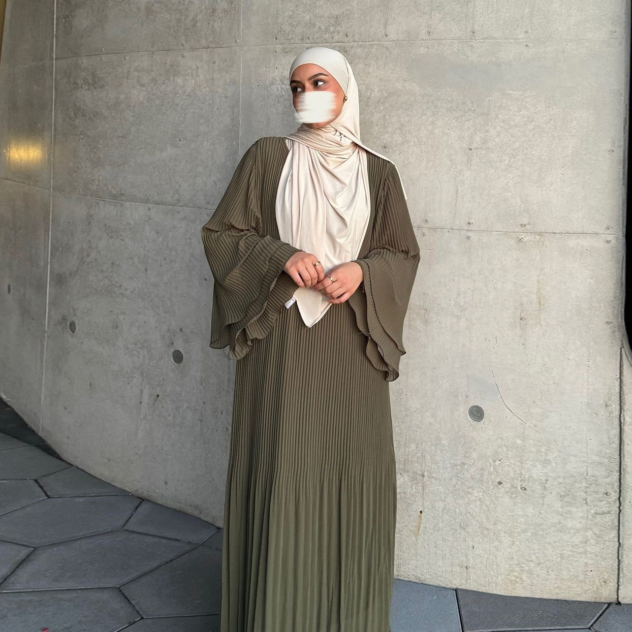 Chiffon Pleated Long-Sleeved Dress