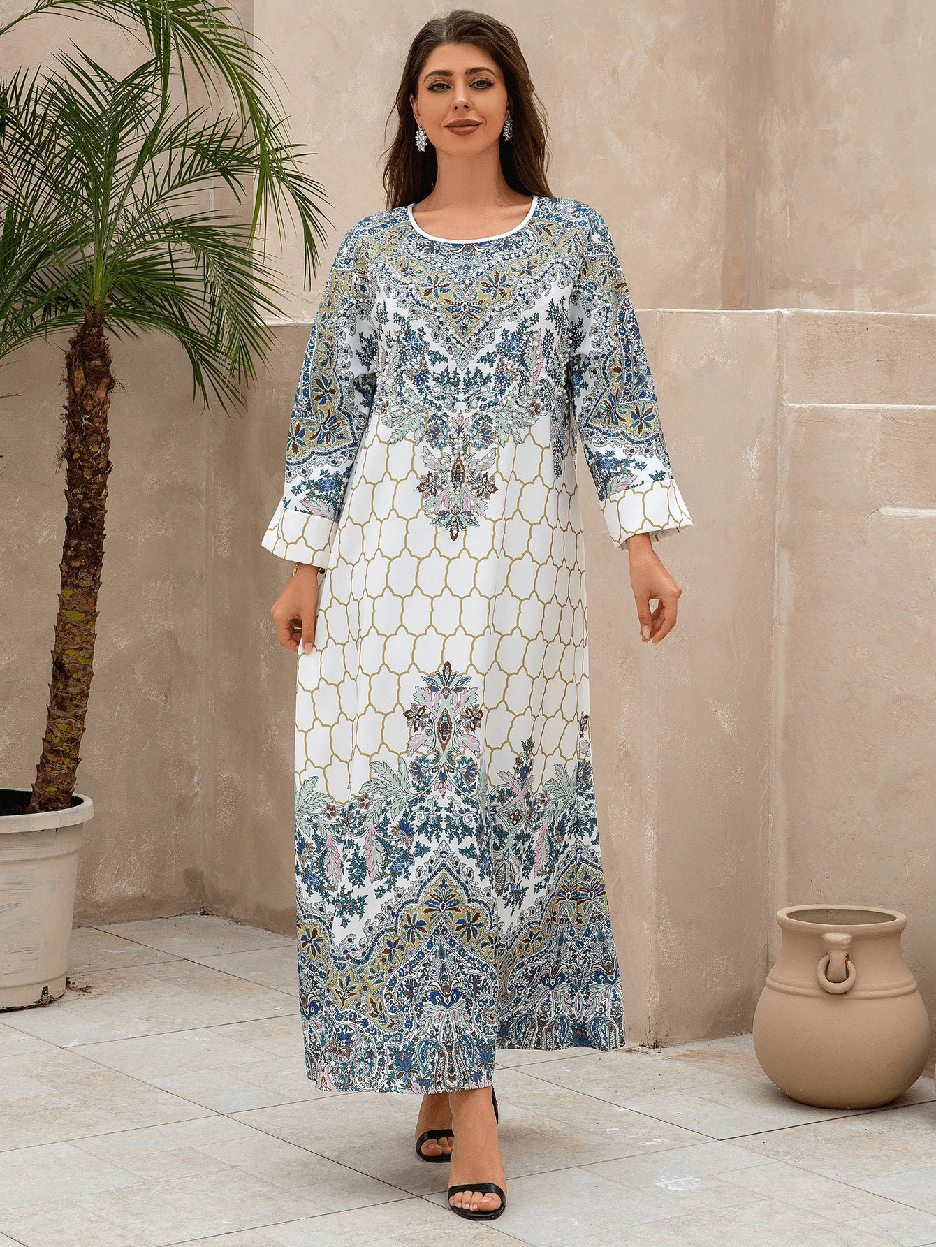 Muslim Polyester Beaded Rhinestone Party Maxi Dress