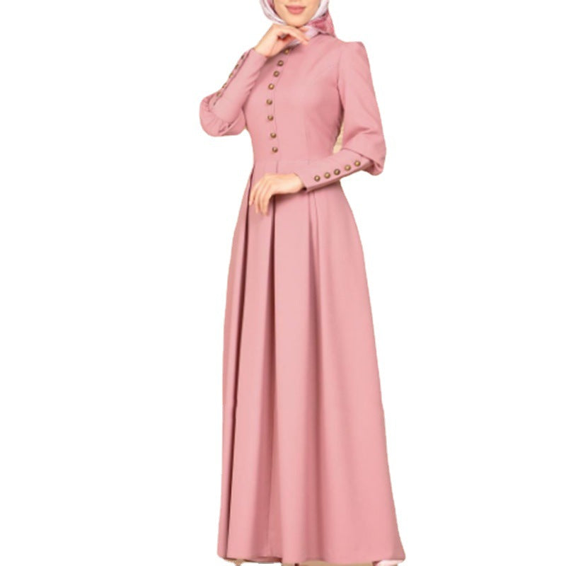 Women's Plain Button Vintage Ethnic Dress