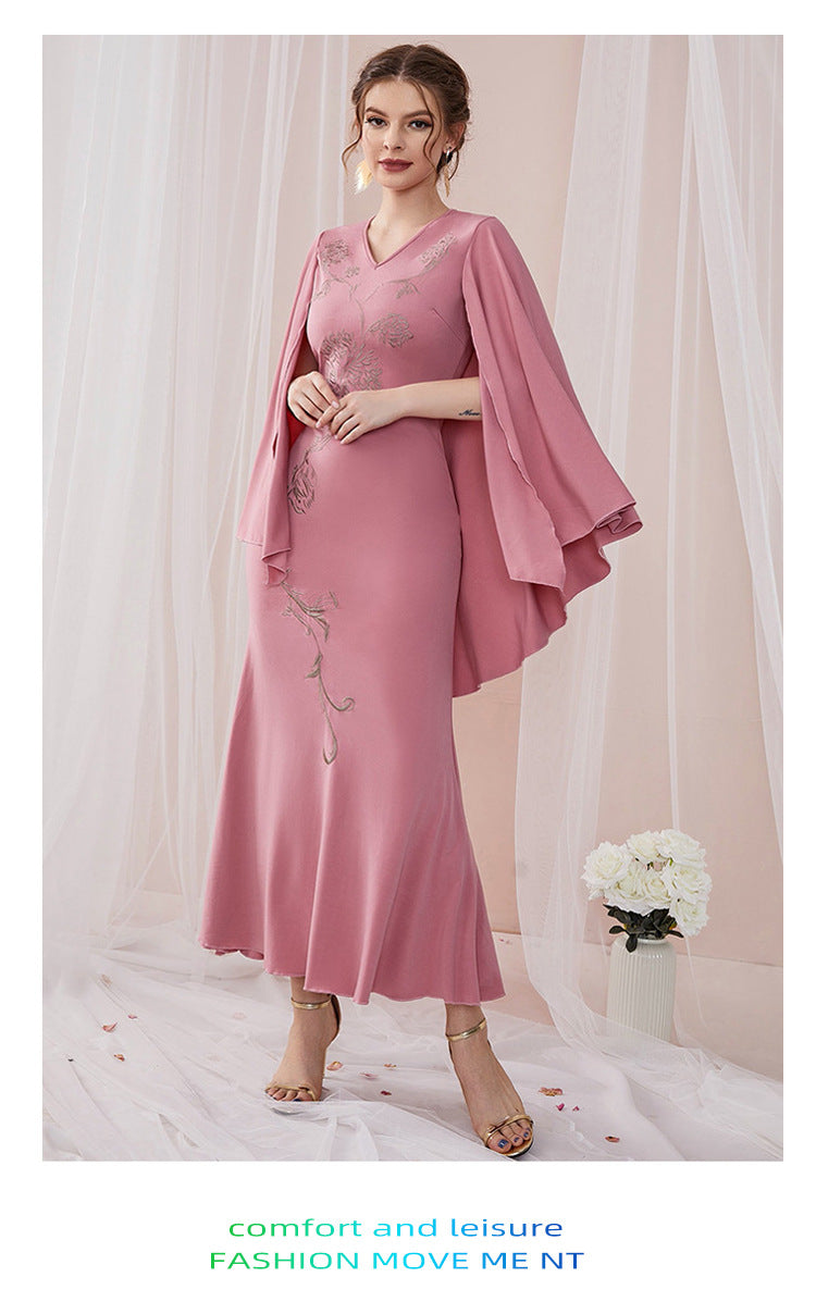 V-neck Bat Sleeve Party Embroidered Dress