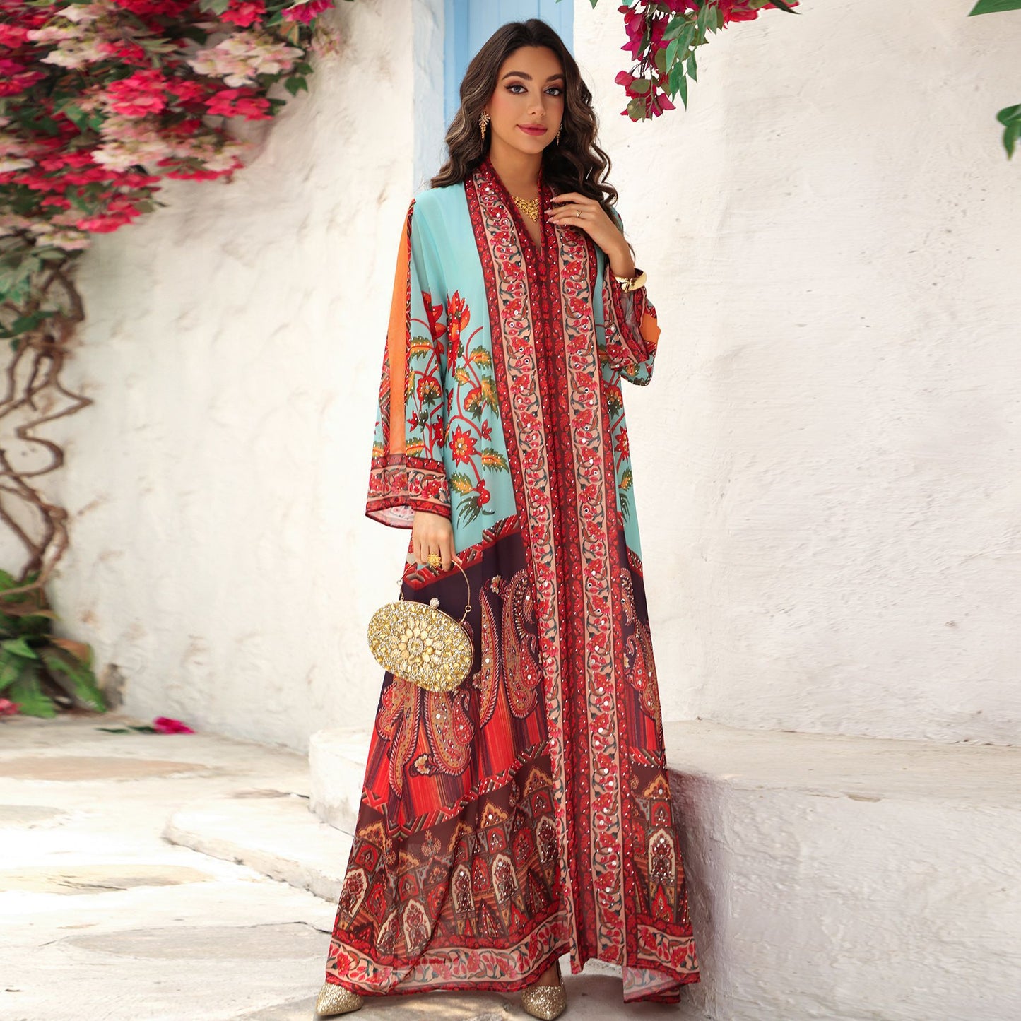 Pullover Printed Dress with Rhinestones