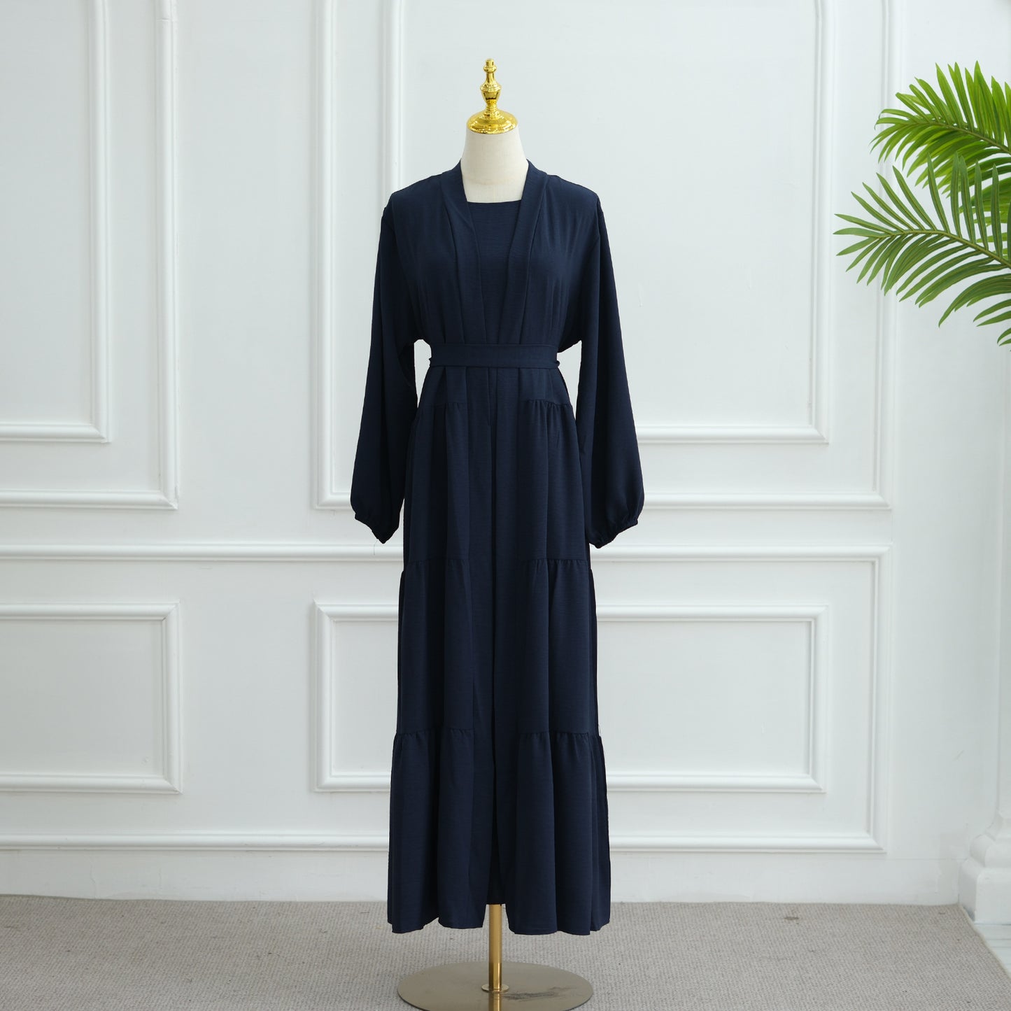 Modest Two Piece Maxi Dress with Open Abaya and Belt