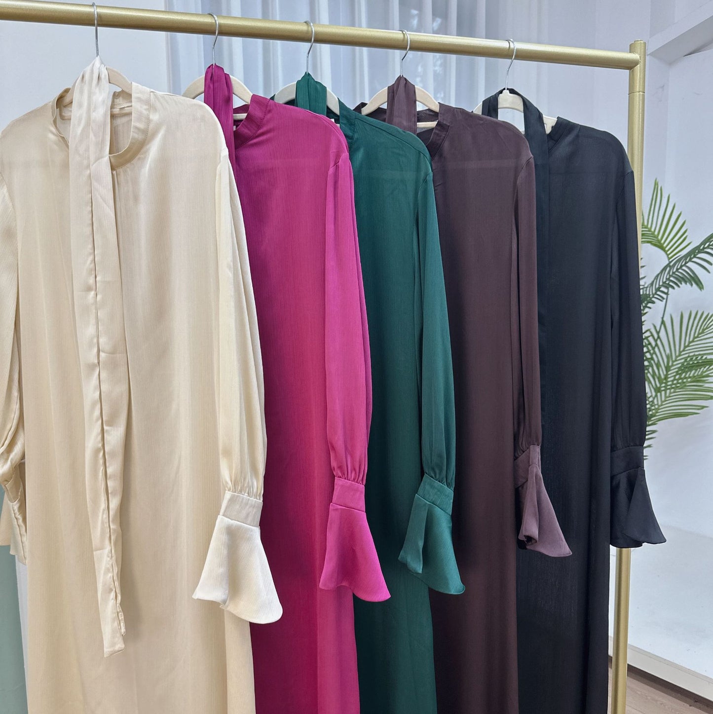 Women's Satin Waist Tie Elegant Abaya Dress