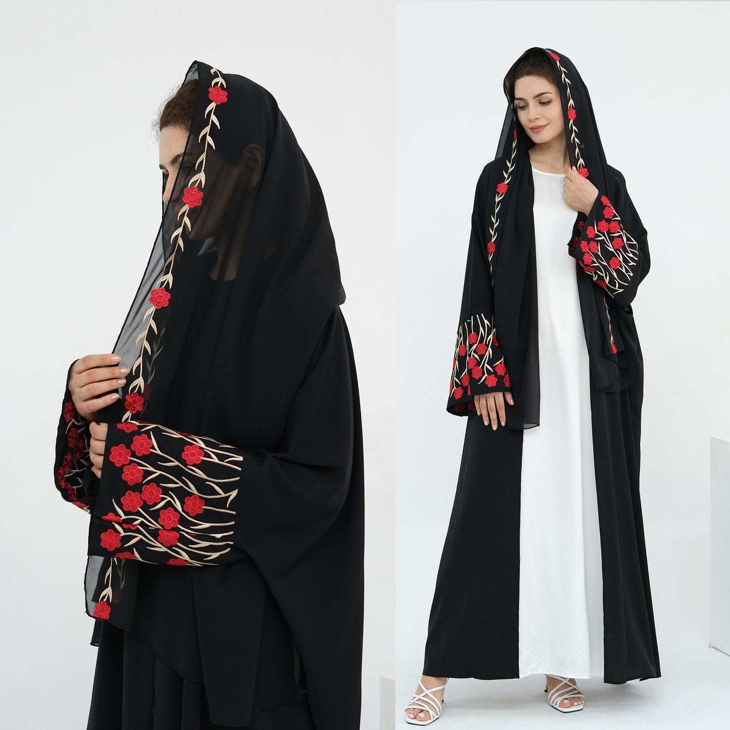 Women's Dubai Floral Embroidered Elegant Open Abaya Robe