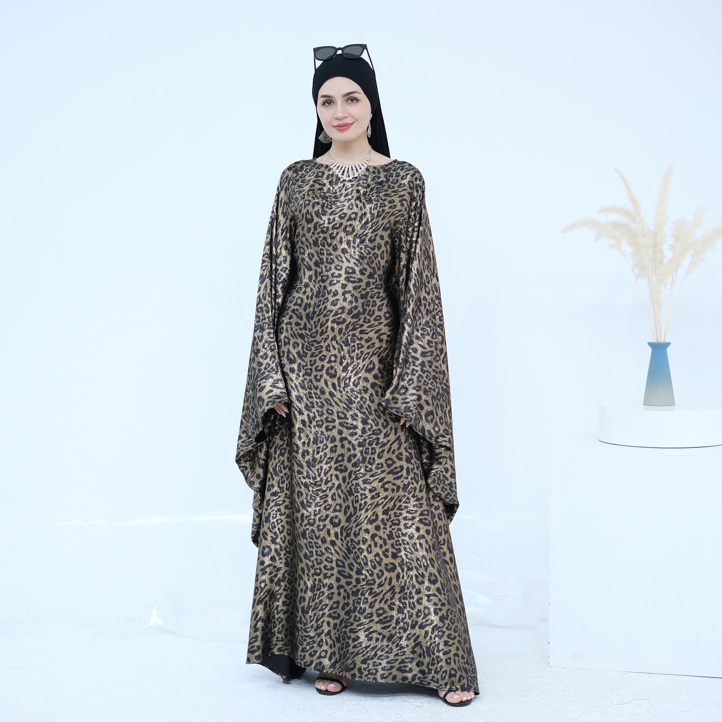Leopard Print Arab Modest Batwing Sleeve Kaftan Dress