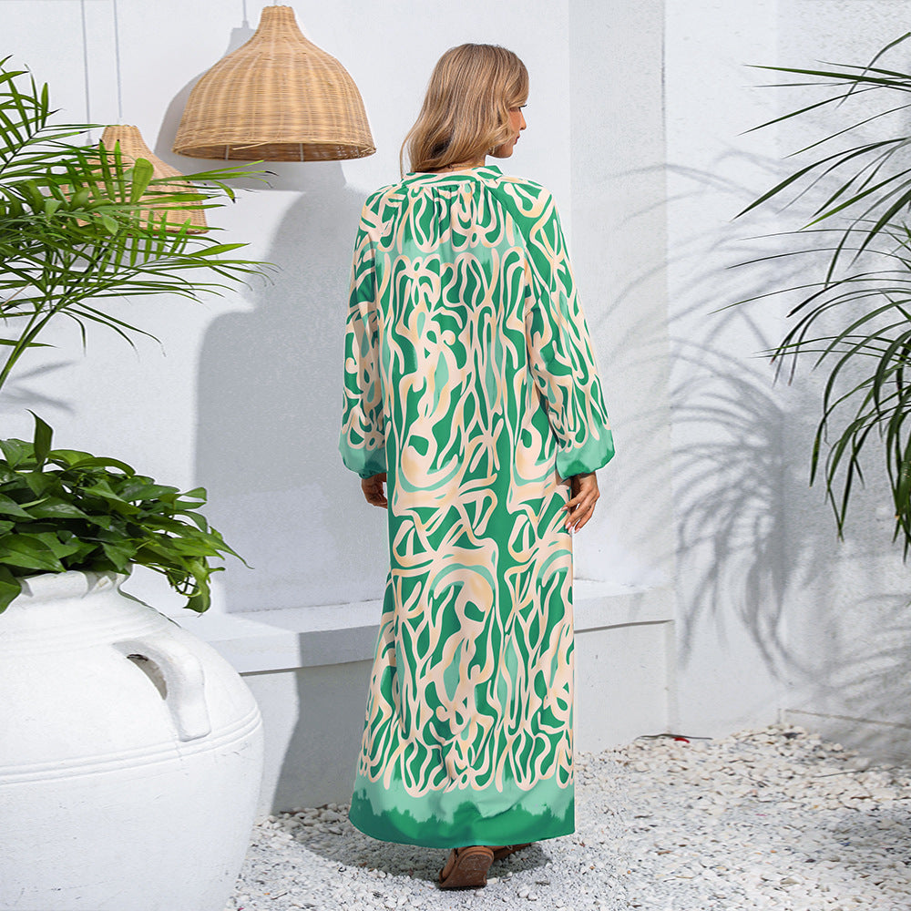 Pullover V-neck Print Swept Long Sleeve Dress