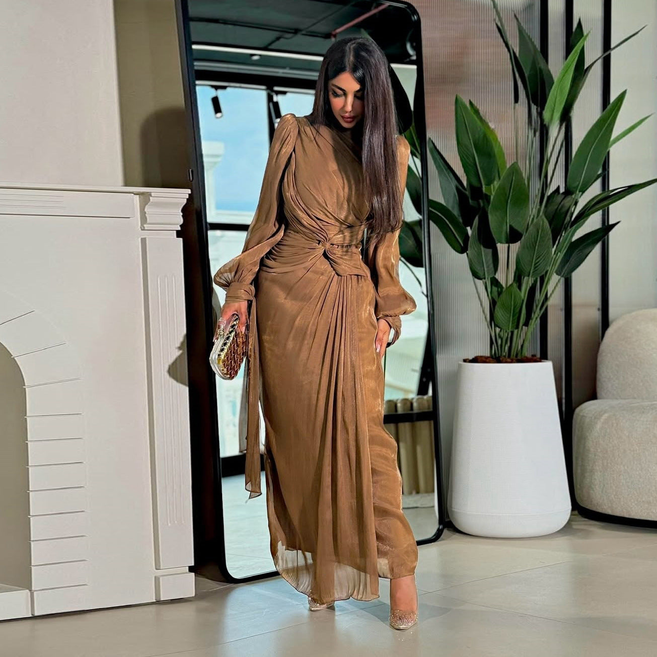 Women's Shiny Cinched Waist Dress