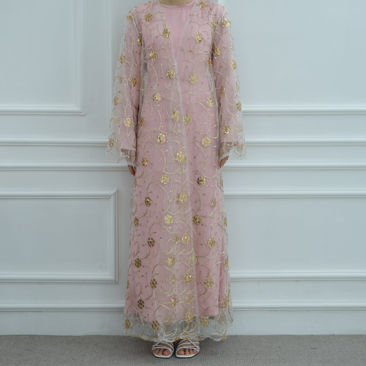 Gold Embroidered Lace Open Dress Elegant Evening Abaya