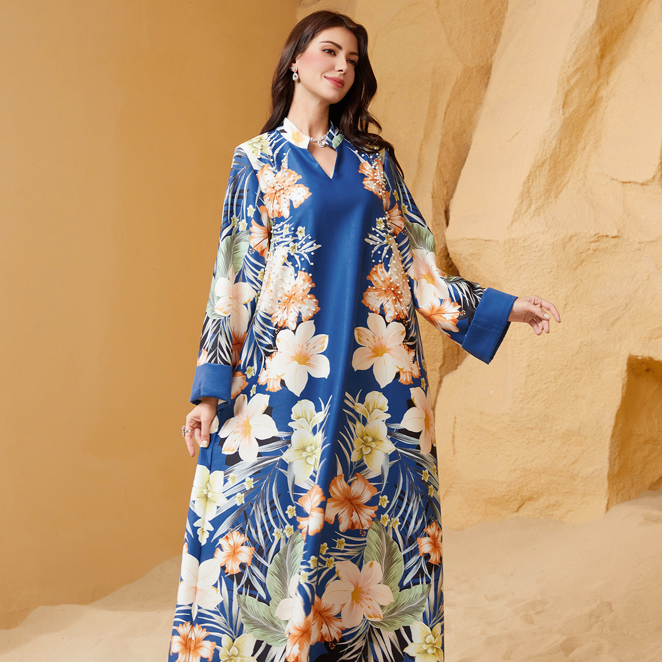 Floral Print Muslim Kaftan Maxi Dress