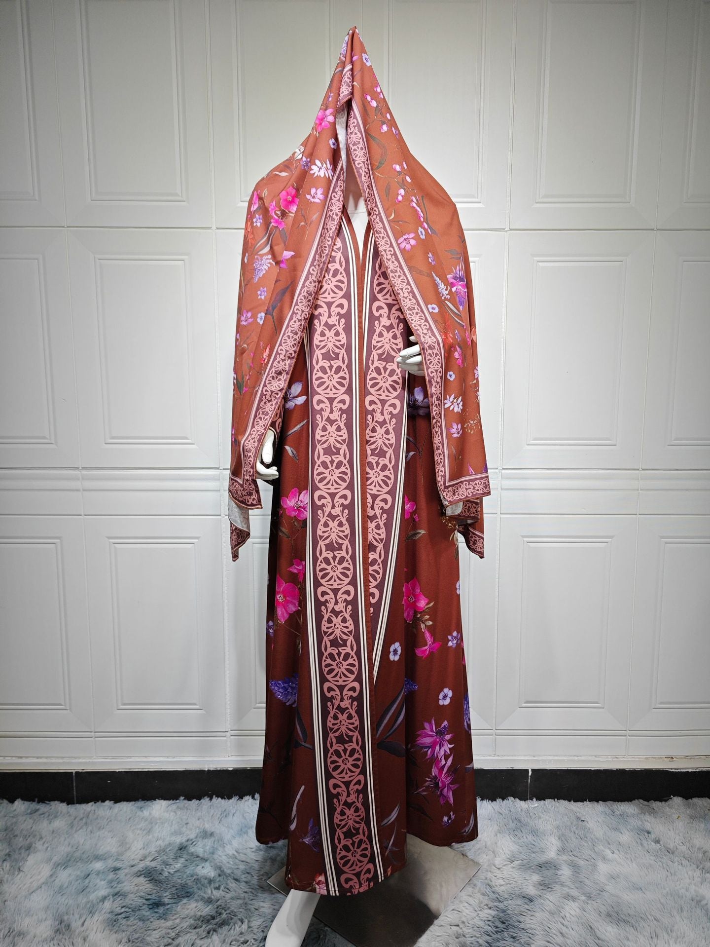 Modest Floral Print Abaya with Matching Scarf Two Piece Set
