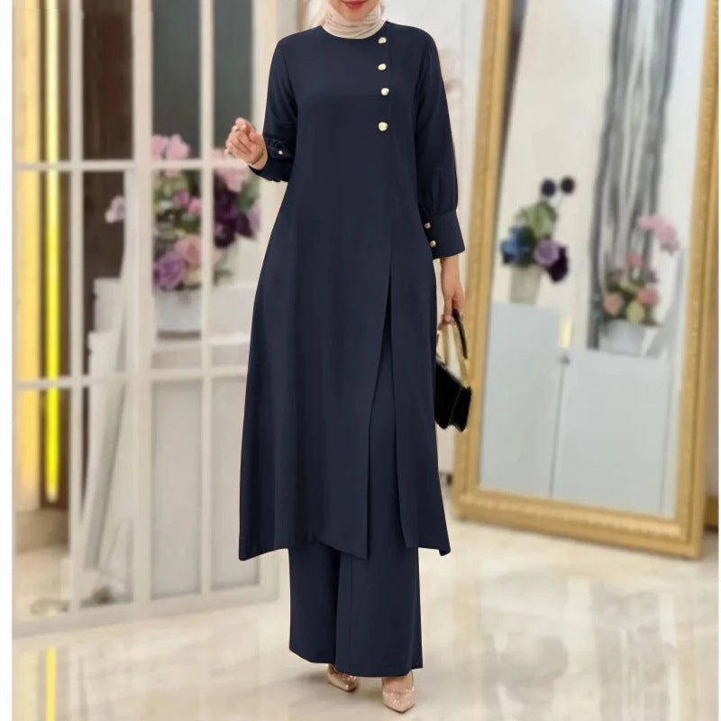 Women's Side Slit Long Shirt Wide Leg Pants Two-Piece Sets
