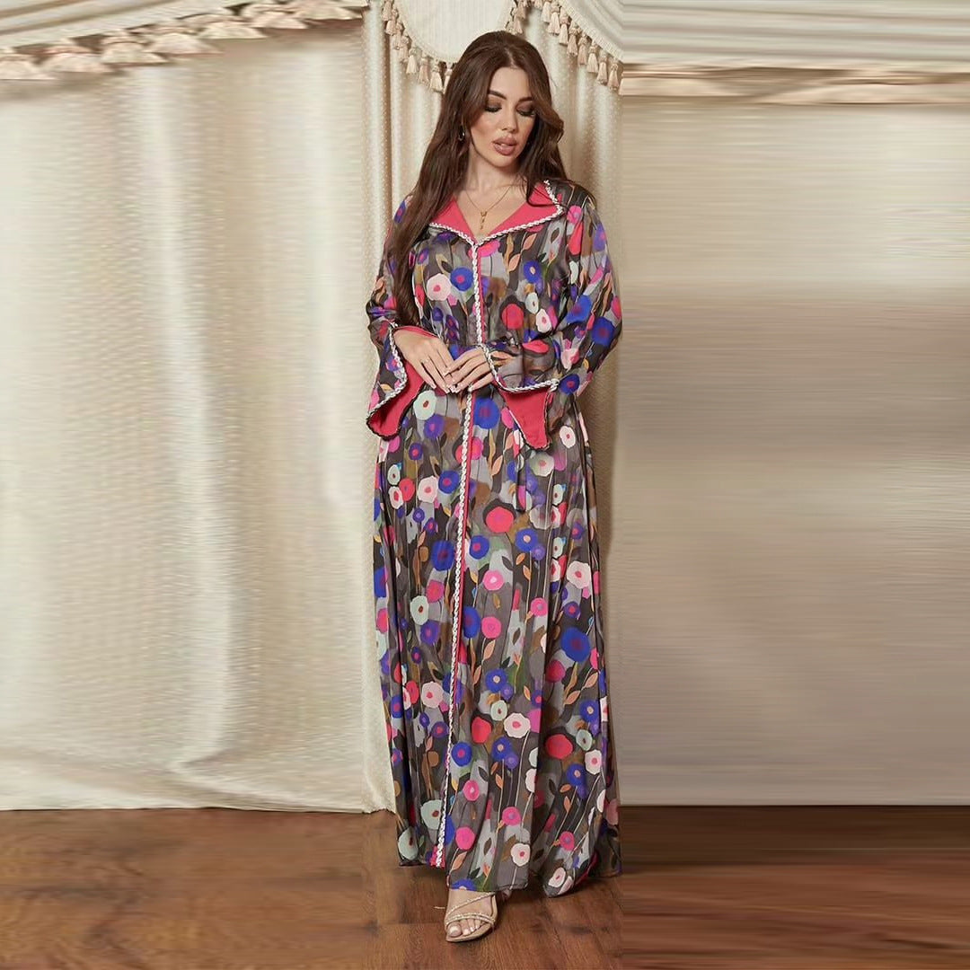 Women's Print Satin-paneled Jalabiya Dress