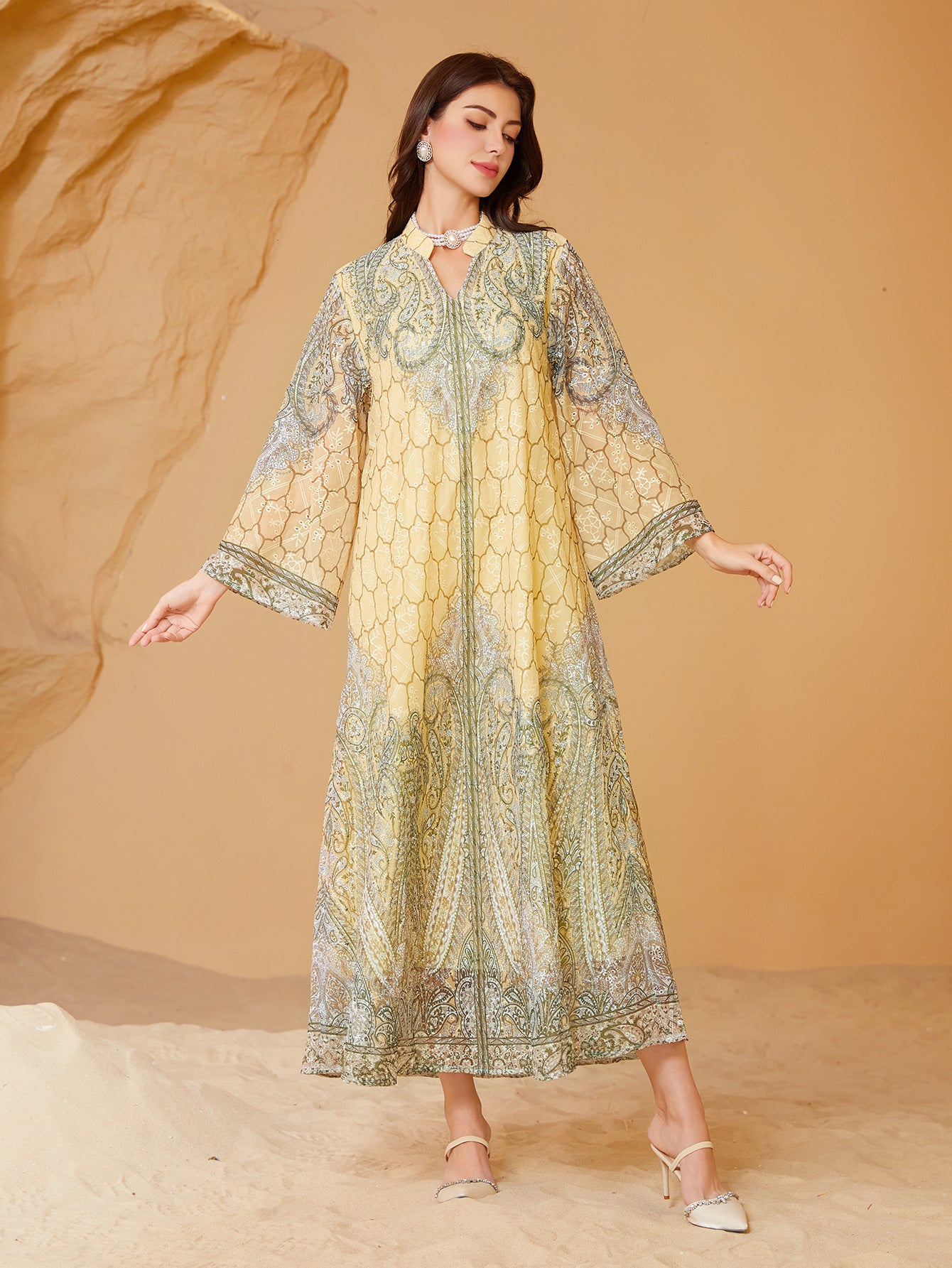 Embroidered Rhinestone Muslim Print Kaftan Dress