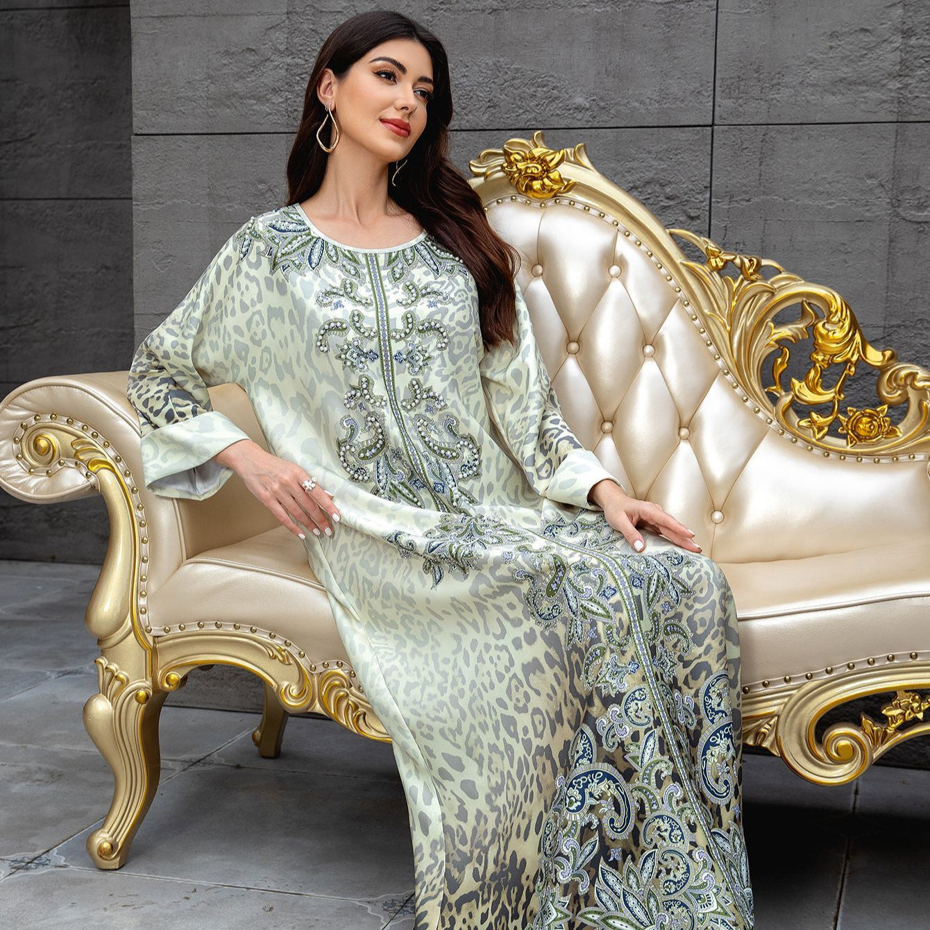 Leopard Beaded Rhinestone Muslim Kaftan Maxi Dress