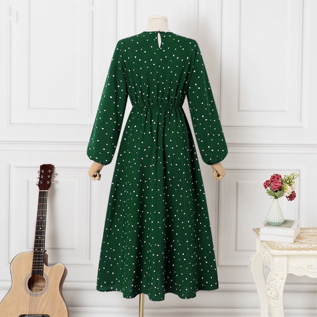 Women's Long-sleeved Crewneck Heart-print Dress