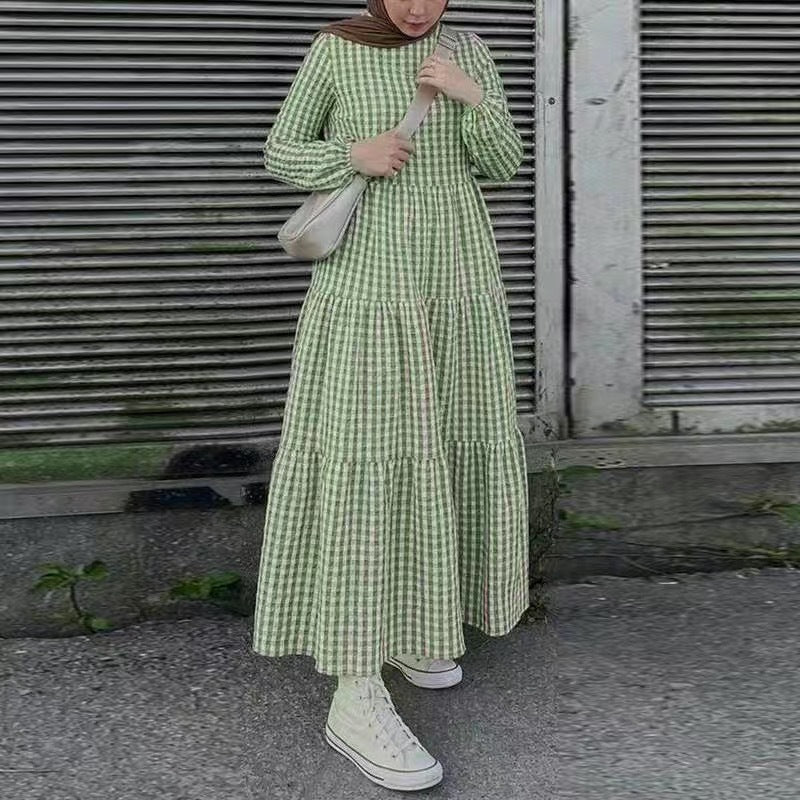 Women's Elastic Sleeve Crewneck Casual Dress