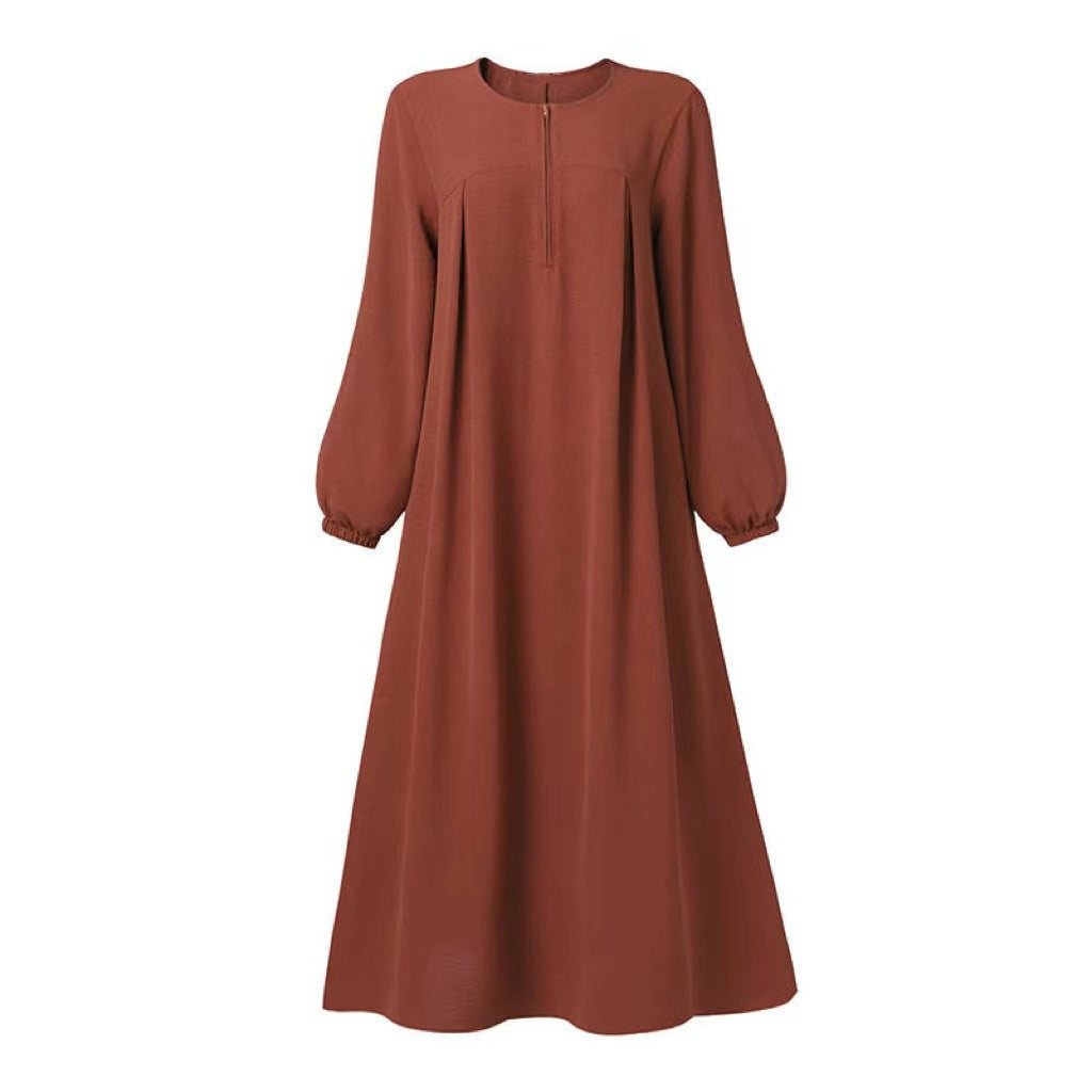 Women's Solid Color Long Sleeve Zipper Crewneck Dress