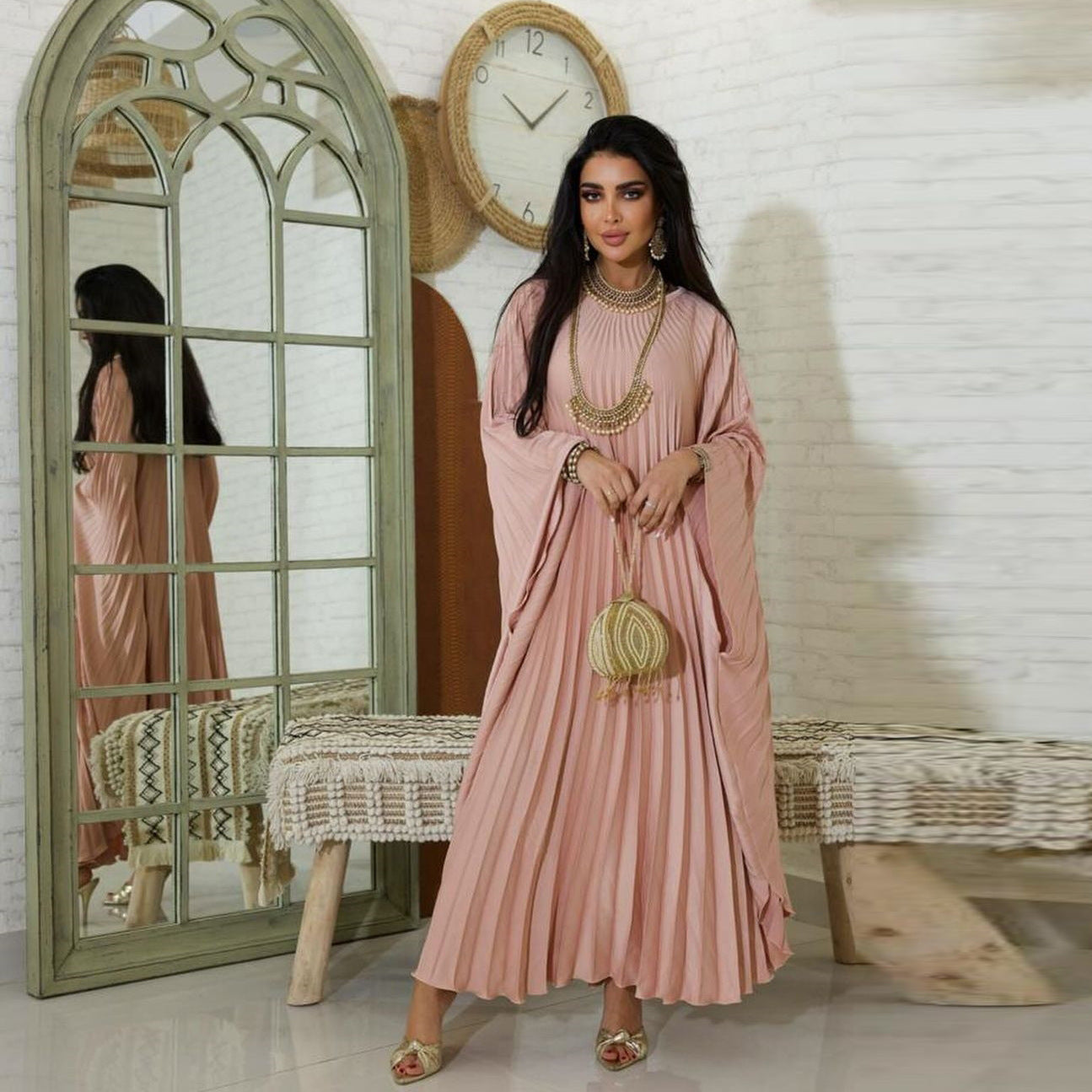 Pullover Pressed Pleated Swing Abaya Dress