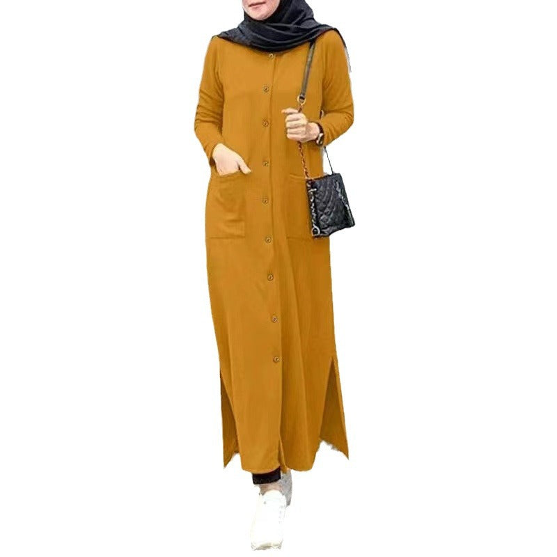 Women's Solid Color Shirt Dress Abaya with Pockets Abayaya Women's Solid Color Shirt Dress Abaya with Pockets Abayaya