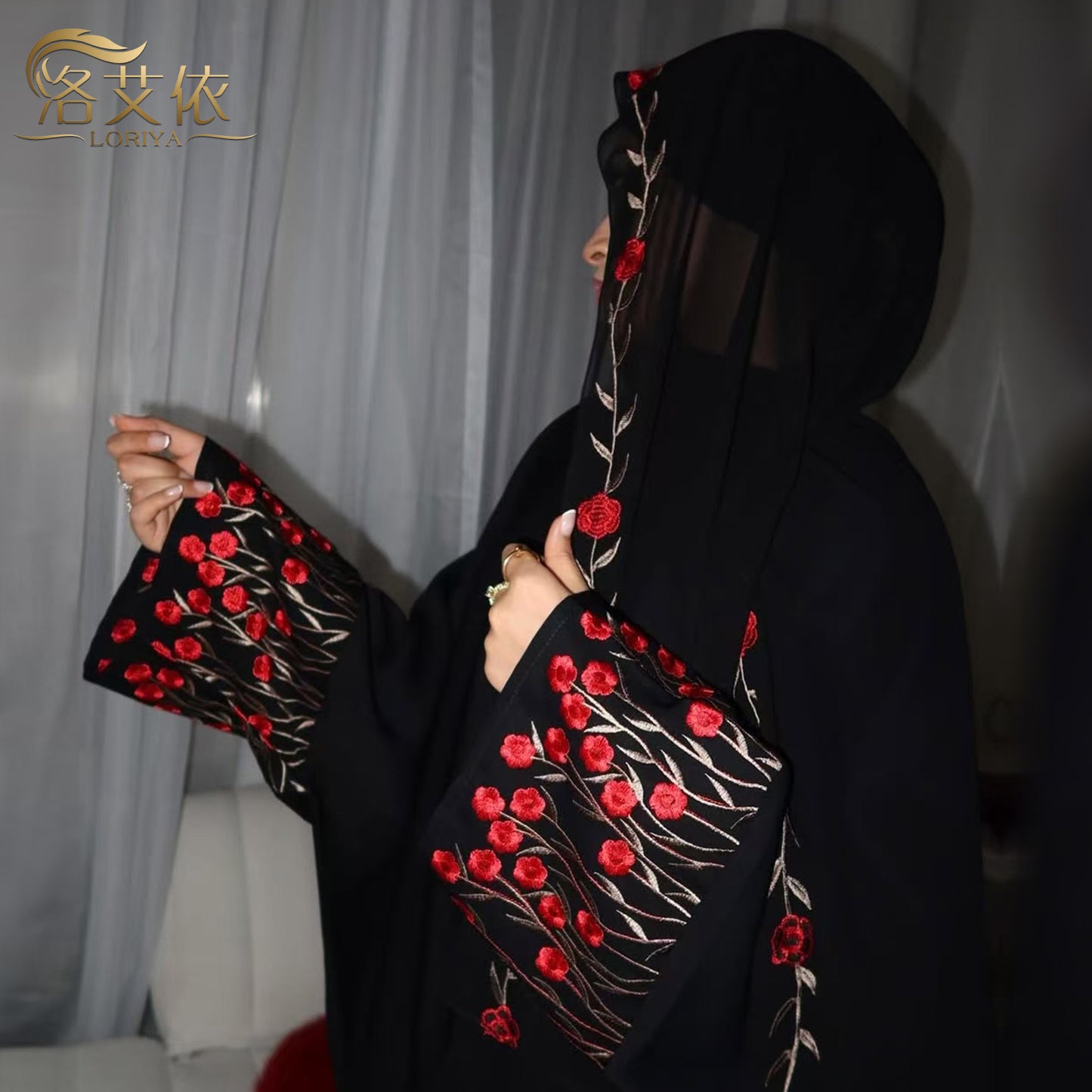 Embroidered Cardigan Abaya with Floral Sleeve Detail