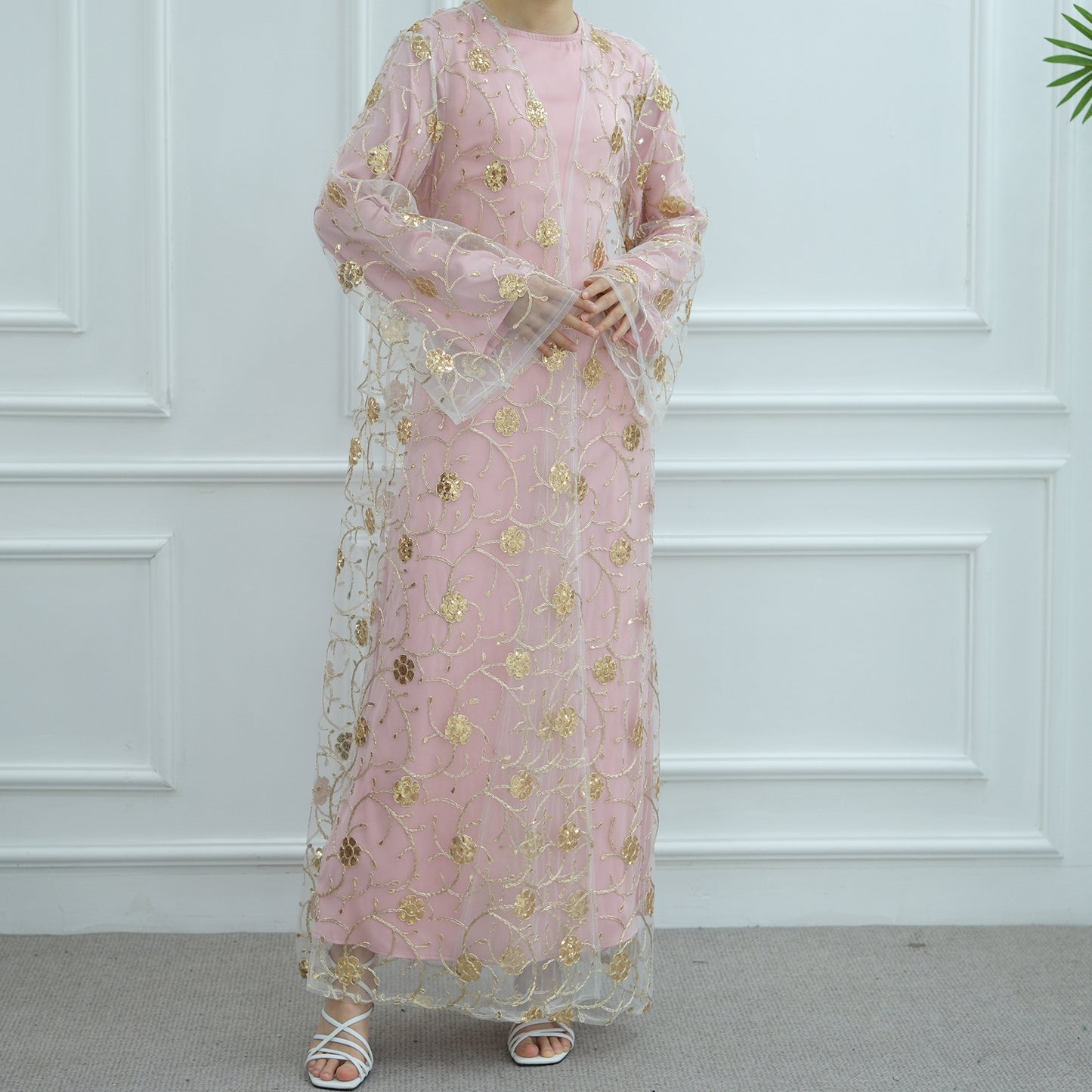 Gold Embroidered Lace Open Dress Elegant Evening Abaya