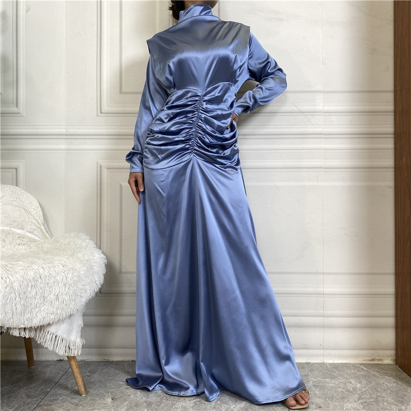 Satin Ruched High-Neck Muslim Evening Gown