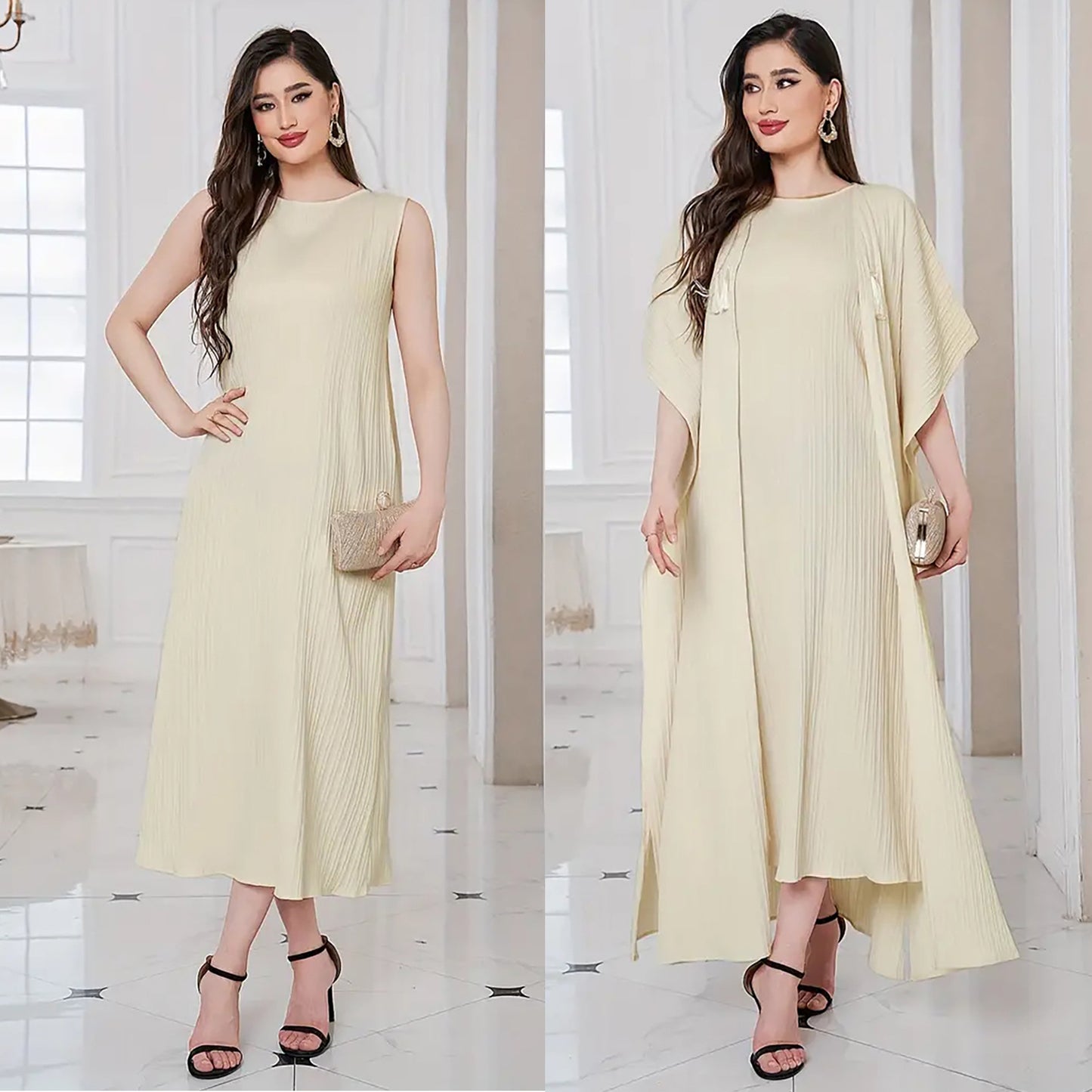 Muslim Plain Sleeveless Dress + Bat Sleeve Loose Robe Suit