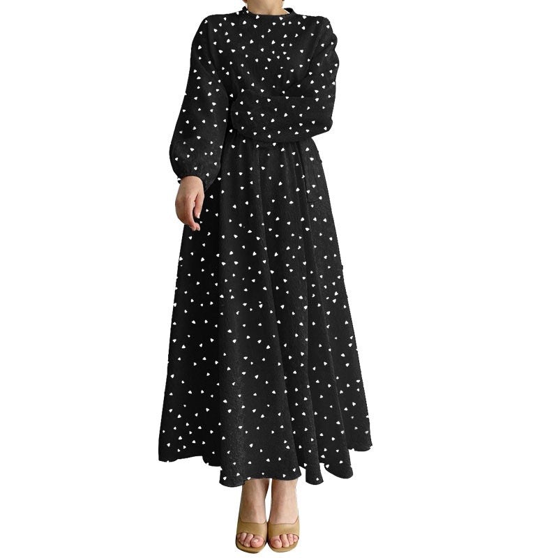 Women's Long-sleeved Crewneck Heart-print Dress