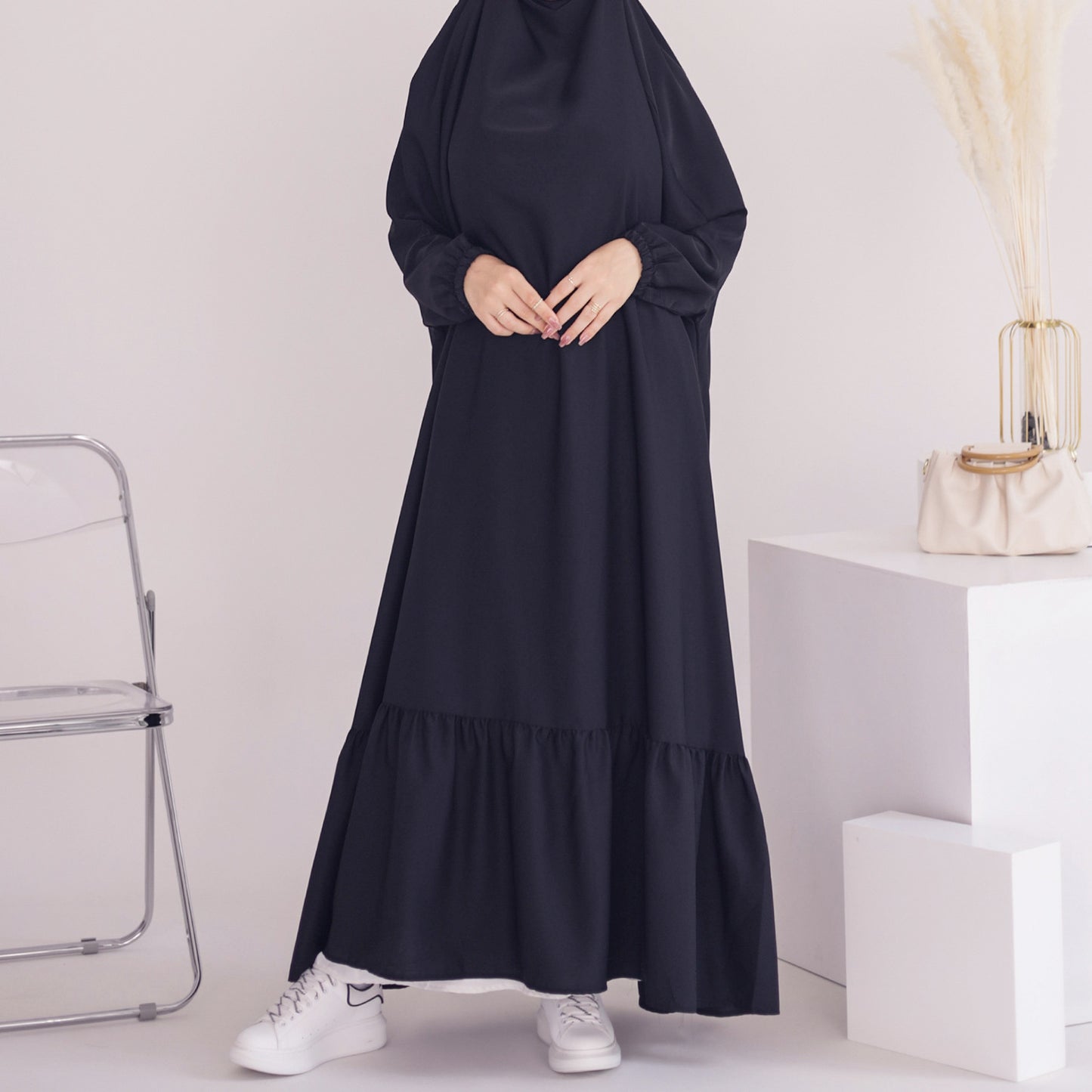 Women's Solid Color Robe Dress Jilbab Include Headscarf