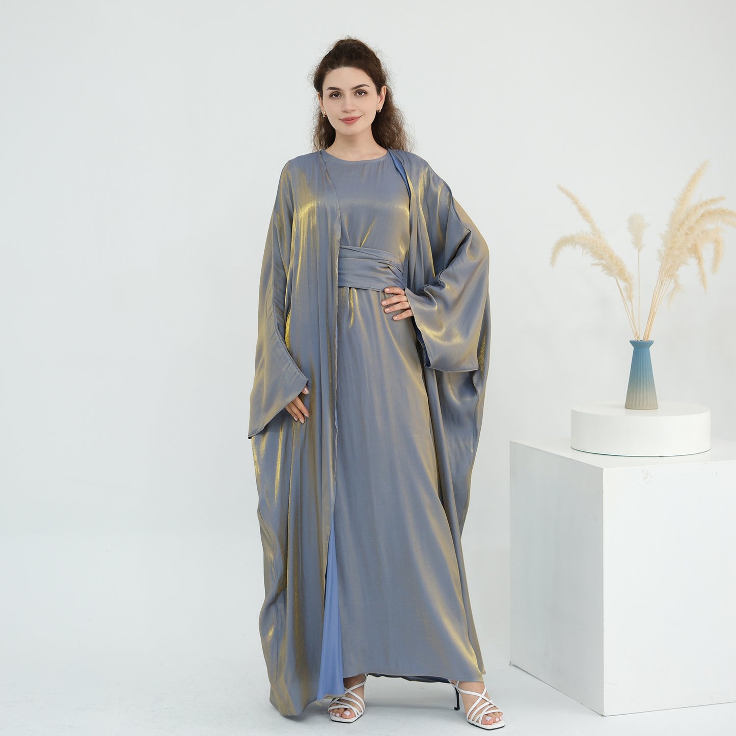 Elegant Solid Color Two Piece Abaya Set with Inner Dress