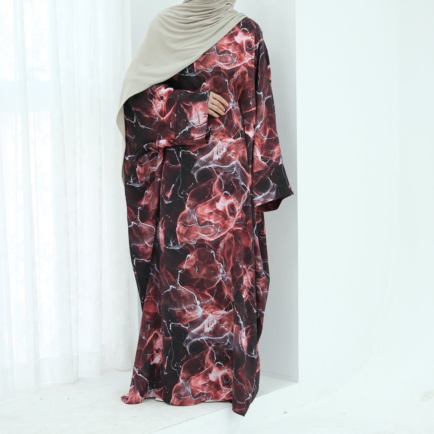 Satin Printed Maxi Dress with Waist Belt and Batwing Sleeves