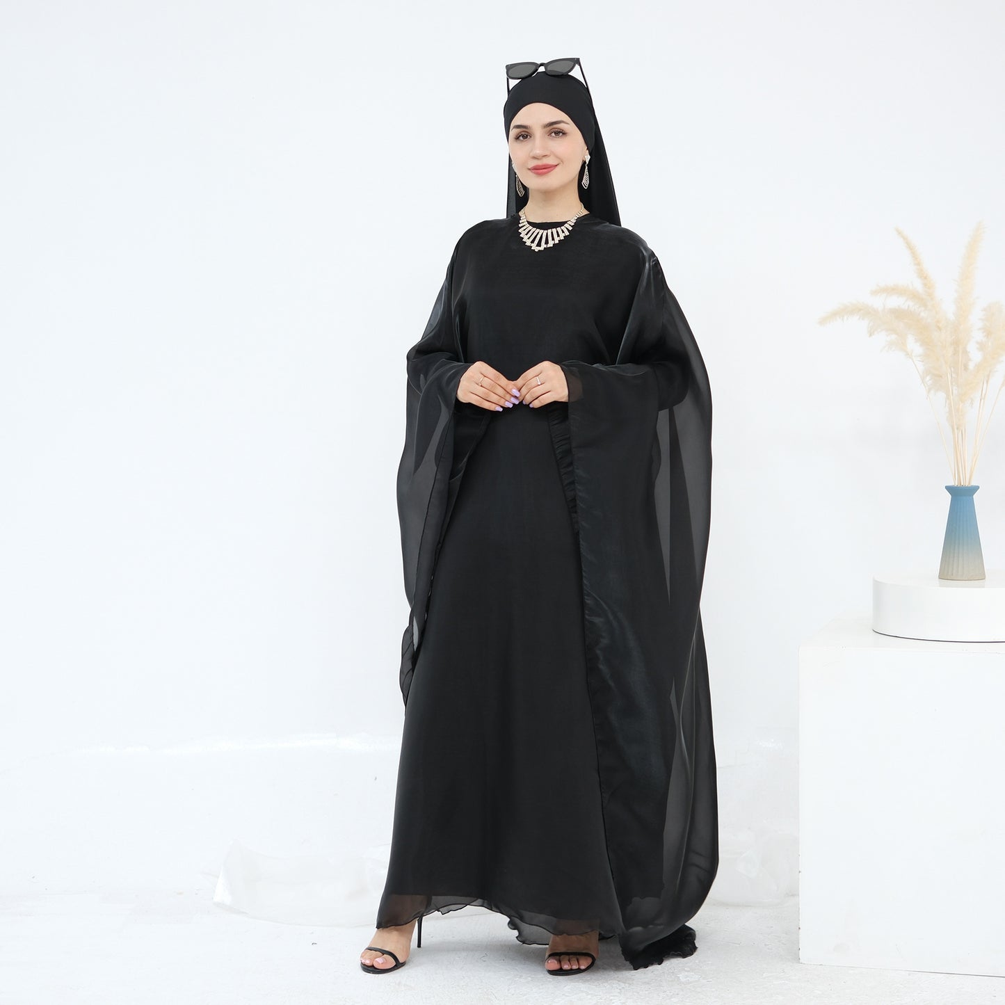 Solid Elegant Dubai Muslim Long Robe Two-Piece Set