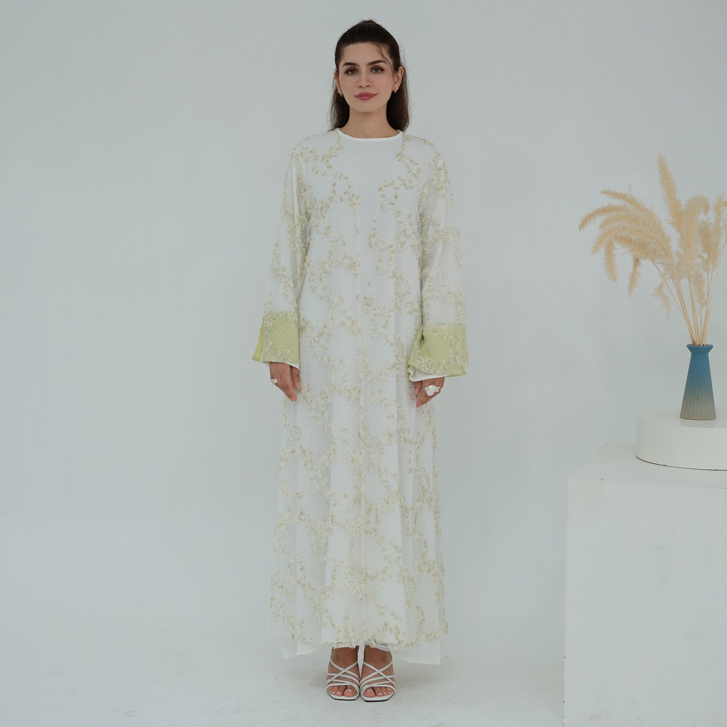 Elegant 3D Floral Mesh Open Abaya with Optional Inner Dress and Scarf