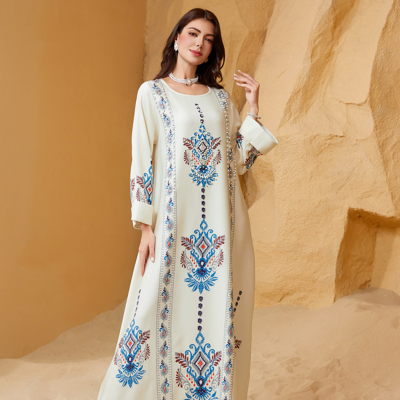 Muslim Polyester Pearl Rhinestone Party Maxi Dress