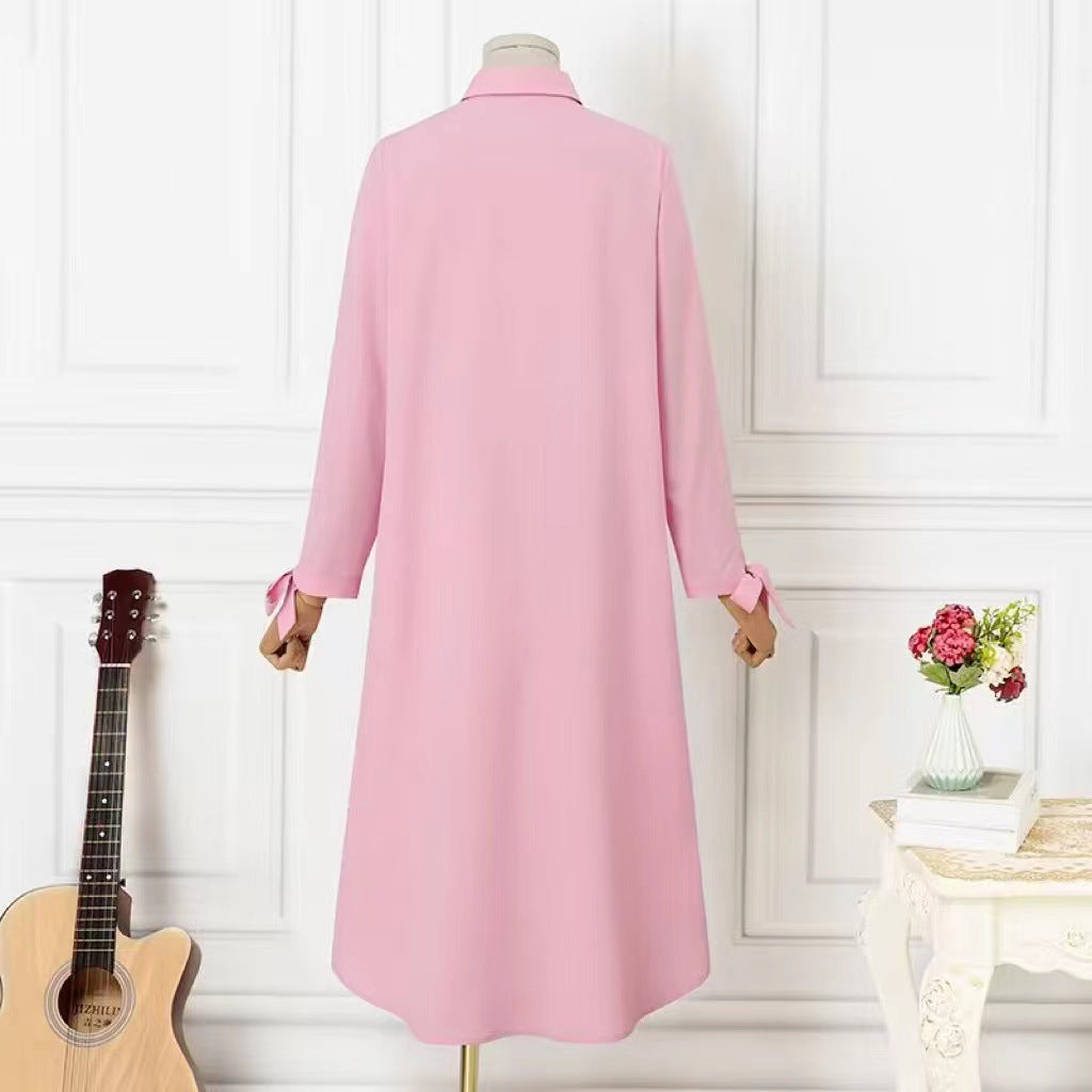 Women's Long-sleeved Solid Color Wooden Button-down Shirt Dress
