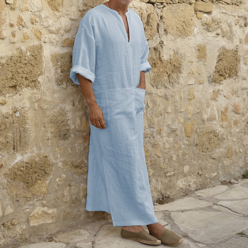 Men Loose Pocket Cotton and Linen Robe