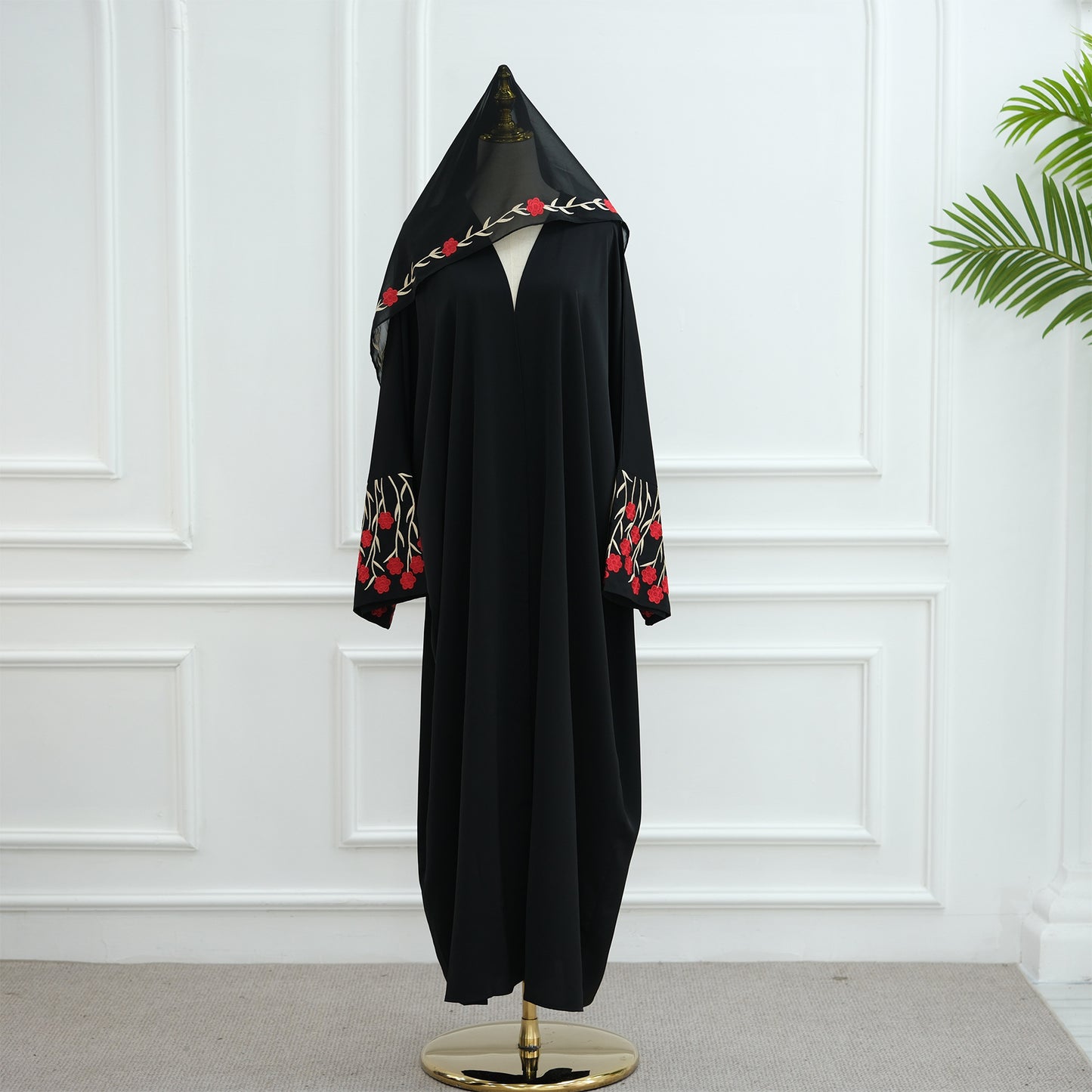 Embroidered Cardigan Abaya with Floral Sleeve Detail
