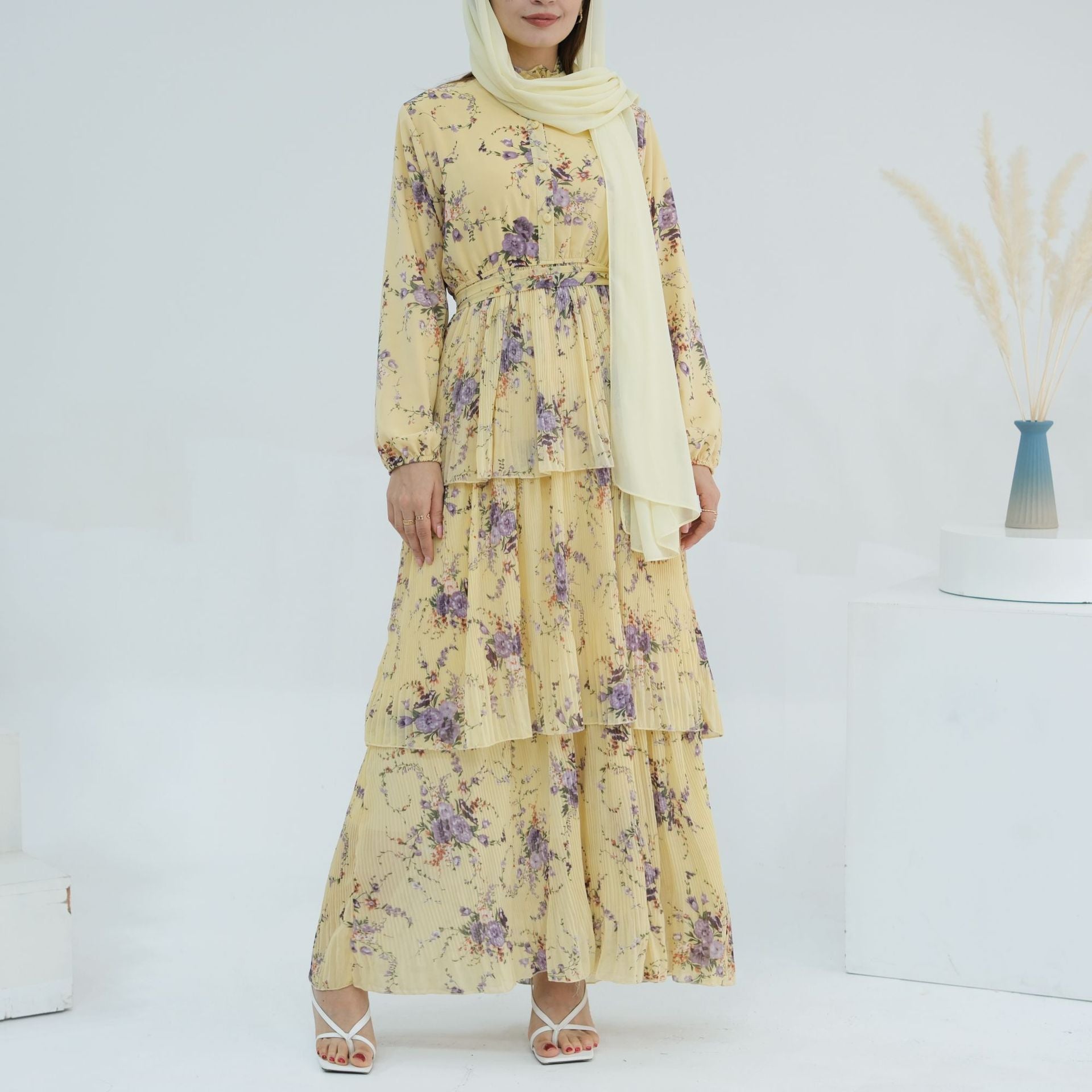 Floral Printed Islamic Modest Belted Tiered Maxi Dress  Abayaya