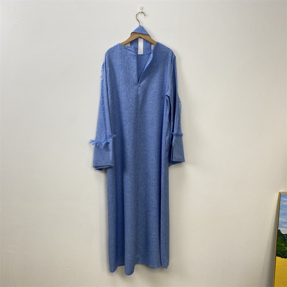 Fringe Sleeve Muslim Flare-Hem Maxi Dress